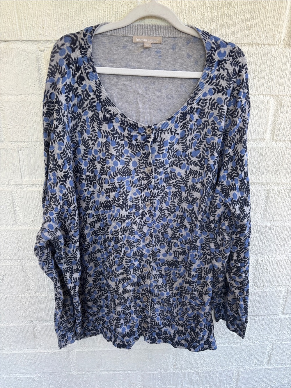 Women Within Floral Blue Gray Button-Front Scoop Neck Sweater sz 4X